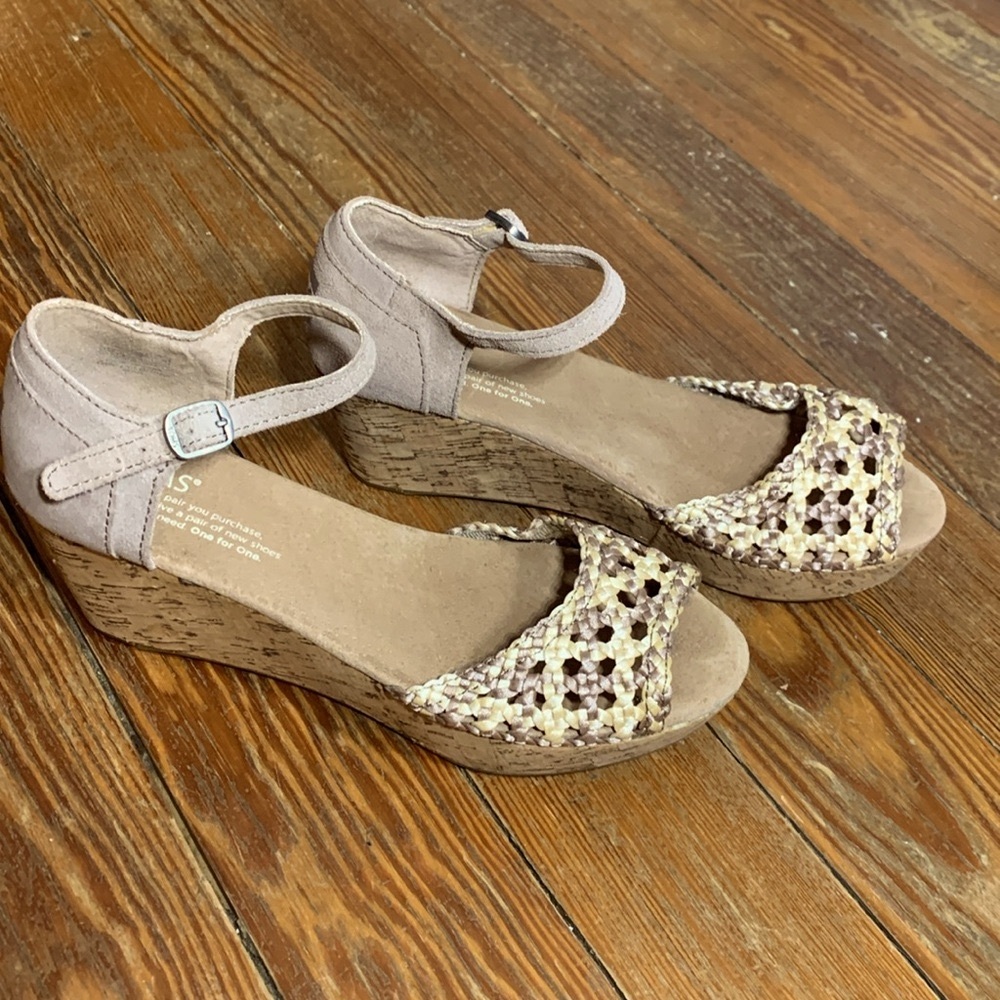 Toms Cork Heeled Ribbon Peep Toe Wedges